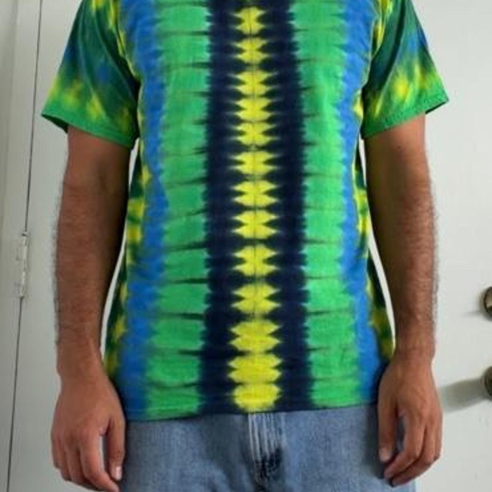 Mens Handmade Tie Dye T-Shirt Blue Green Yellow Vertical Stripe Diamond Retro L